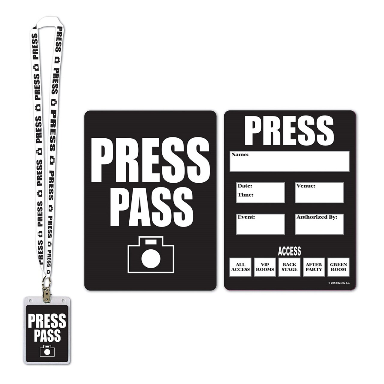 Party Central Club Pack of 12 Black and White Award Night Press Pass Cards with Lanyard Card Holder 25"